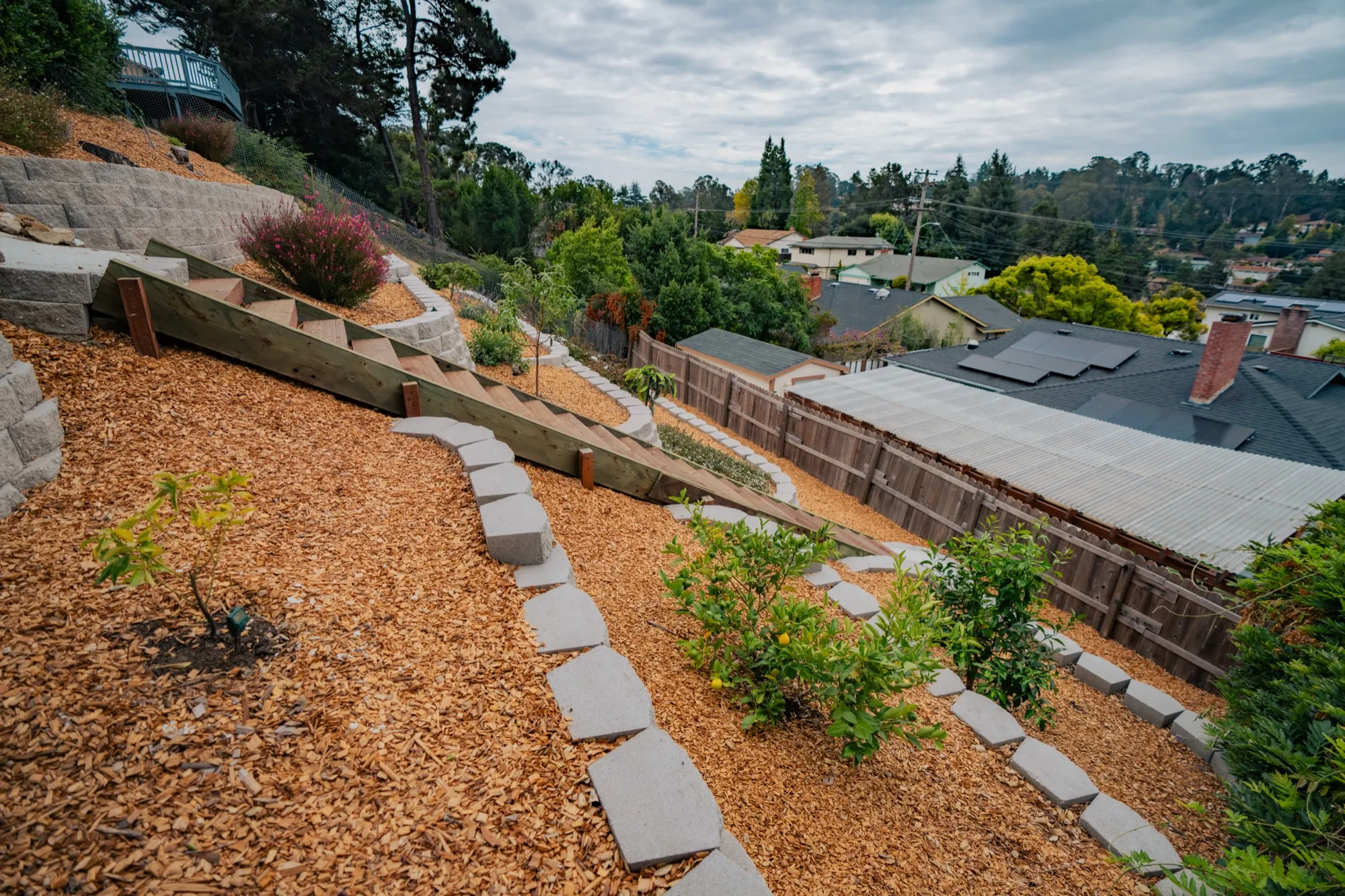 Terraced hillside with stone-edged planting beds overlooking East Bay rooftops